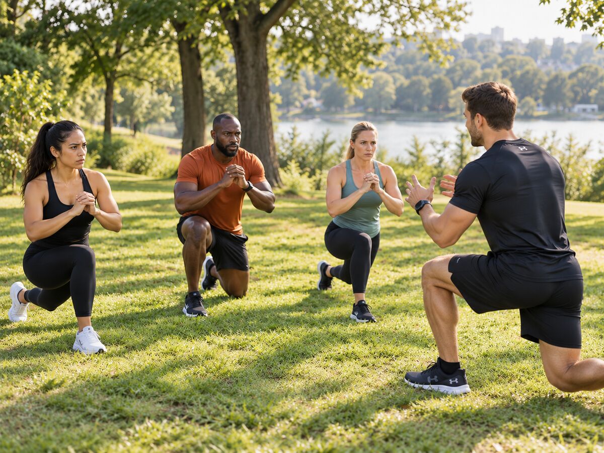 Séance de coaching en groupe, en plein air, au bord de l'eau
